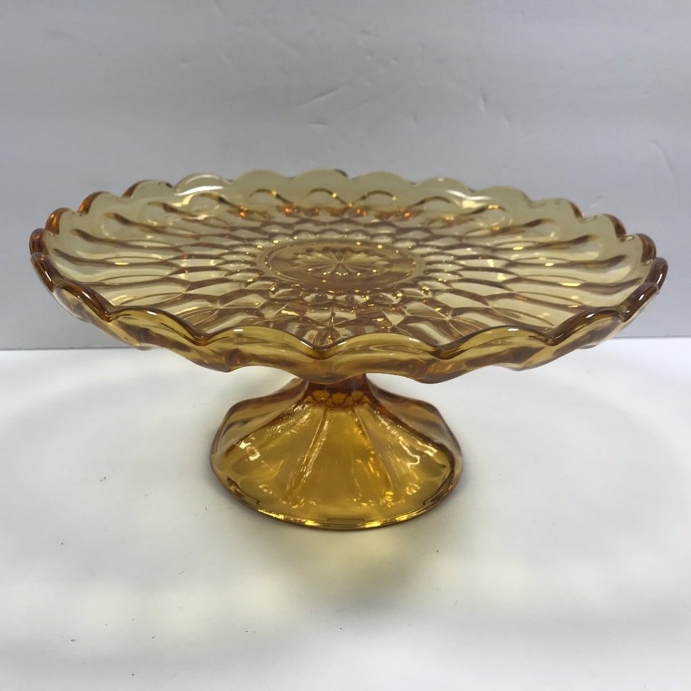 Vintage Translucent Amber glass Cake Stand w/ scalloped edges. 10 in x 4.5 in